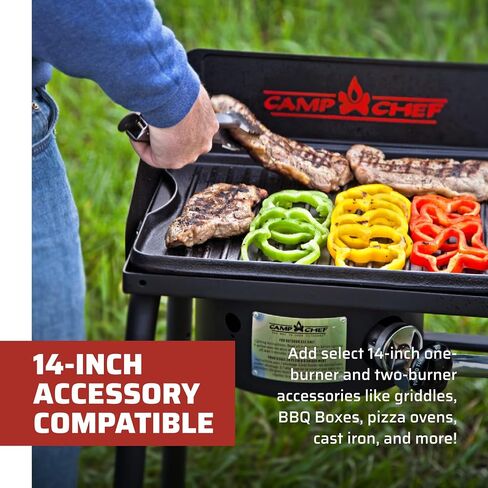 Camp Chef Explorer, Two Burner Stove, Two 30,000 BTU's cast-aluminum burners, Cooking Dimensions: 14 in. x 32 in, Black in Kuwait