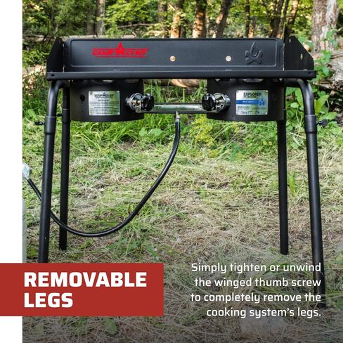 Camp Chef Explorer, Two Burner Stove, Two 30,000 BTU's cast-aluminum burners, Cooking Dimensions: 14 in. x 32 in, Black in Kuwait
