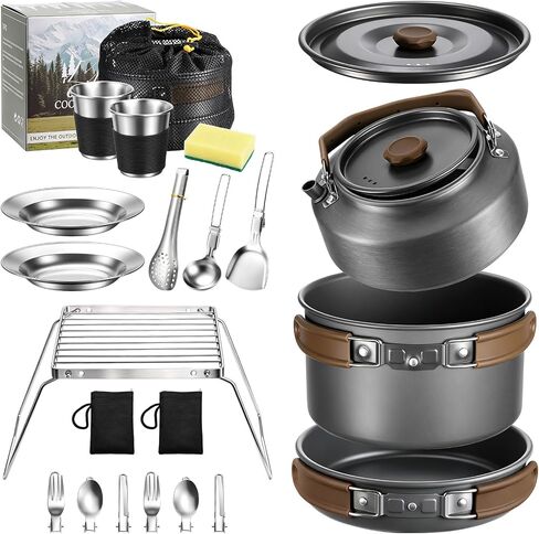 Leonyo 18PCS Camping Cookware Set, Camping Cooking Pot Pan Mess Kit | Camp Cooking Essentials Equipment Accessories with Aluminum Kettle, Grill Grate, Outdoor Open Fire Camping Gear Backpacking in Saudi Arabia