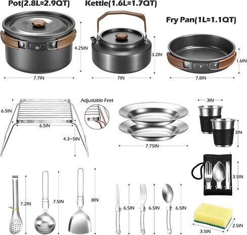 Leonyo 18PCS Camping Cookware Set, Camping Cooking Pot Pan Mess Kit | Camp Cooking Essentials Equipment Accessories with Aluminum Kettle, Grill Grate, Outdoor Open Fire Camping Gear Backpacking in Saudi Arabia