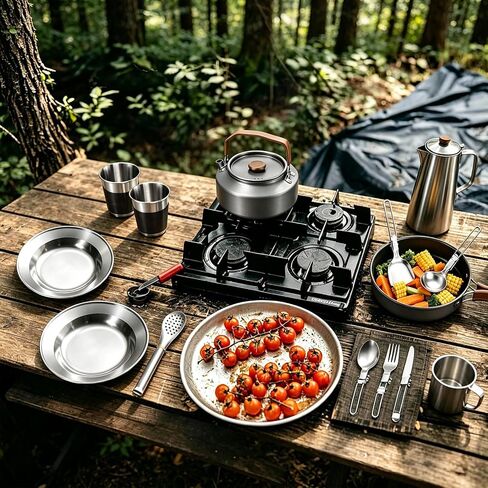 Leonyo 18PCS Camping Cookware Set, Camping Cooking Pot Pan Mess Kit | Camp Cooking Essentials Equipment Accessories with Aluminum Kettle, Grill Grate, Outdoor Open Fire Camping Gear Backpacking in Saudi Arabia