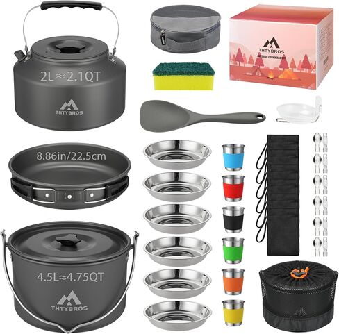 THTYBROS 43-Piece Camping Cookware Set,Large Mess Kit for 6 Persons,with 4.75QT Pot,2.1QT Kettle,Frying Pan,Cups,Utensils and Tableware,Heavy Duty Aluminum Cook Set for Outdoor Camping,Hiking,Picnic in Saudi Arabia
