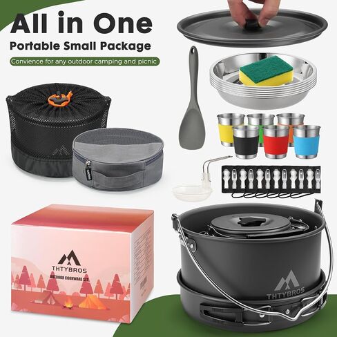 THTYBROS 43-Piece Camping Cookware Set,Large Mess Kit for 6 Persons,with 4.75QT Pot,2.1QT Kettle,Frying Pan,Cups,Utensils and Tableware,Heavy Duty Aluminum Cook Set for Outdoor Camping,Hiking,Picnic in Saudi Arabia