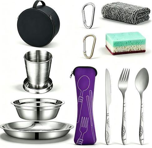 Stainless Steel Camping Mess Kit, Outdoor Camping Tableware Set | Scout Camping Dishes Includes Cups, Bowls, Dishes, Knives, Forks, Spoons Rags & Savings Bag, for Camping, Hiking, Picnic, 12P in Saudi Arabia