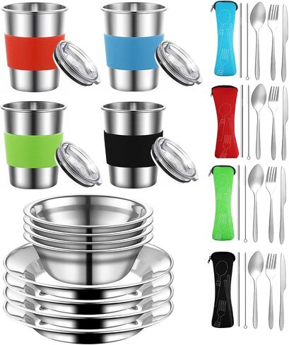 Camping Mess Kit, Stainless Steel Camping Cooking Set Includes Plate Bowl Cup with Sealing Cover Spoon Fork Knife in Mesh Bag for Backpacking, Camping, Hiking and Picnics for 4 Person in Saudi Arabia