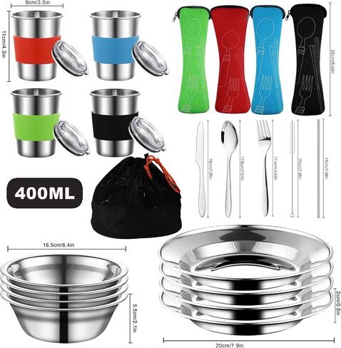 Camping Mess Kit, Stainless Steel Camping Cooking Set Includes Plate Bowl Cup with Sealing Cover Spoon Fork Knife in Mesh Bag for Backpacking, Camping, Hiking and Picnics for 4 Person in Saudi Arabia