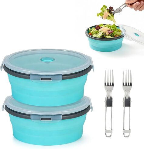 Collapsible Camping Bowl with Lid & Fork Silicone 1200ml 42oz | Foldable Bowl with Airtight Lid&Stainless Steel Fork for Travel RV Leakproof Food Storage Microwave & Fridge Safe in Saudi Arabia