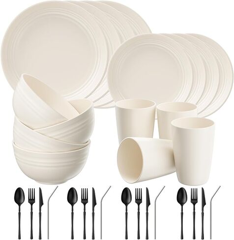 Quatish 48 Piece Plates and Bowls Sets for 6, Unbreakable Dinnerware Sets, Plastic Dish Set for Camping, Dishwasher Microwave Safe, Outdoor Kitchen and Apartment Dinning RV Essentials, Black in Saudi Arabia