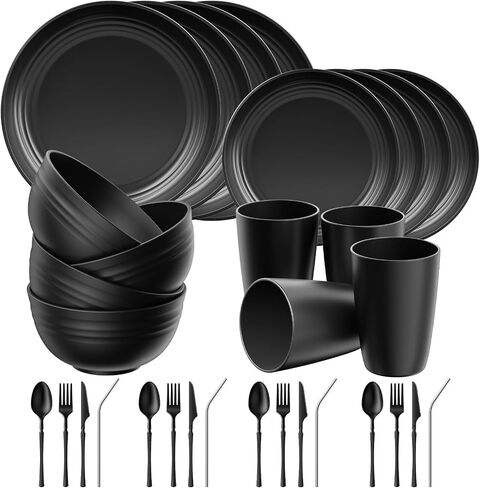 Quatish 48 Piece Plastic Plates and Bowls Sets for 6, Dinnerware Set Black in Saudi Arabia