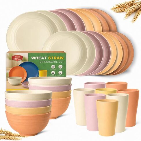 Teivio 32-Piece Plates and Bowls Sets for 8, Black Kitchen Dinnerware Sets | 13.5oz Cups, Plastic Wheat Straw Unbreakable Dish Set, Dishwasher Safe, for Outdoor Camping RV Apartment Essentials Plate Set in Saudi Arabia