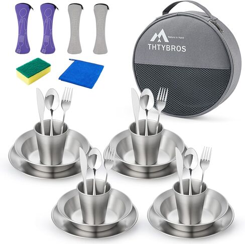 Stainless Steel Camping Mess Kit for 1-4 People,All-in-One Camping Cookware & Tableware Set with Plates,Bowls, Cups,Cutlery & Carry Bag,Outdoor Cooking Utensils for Camping,Backpacking,Hiking, Picnic in Saudi Arabia