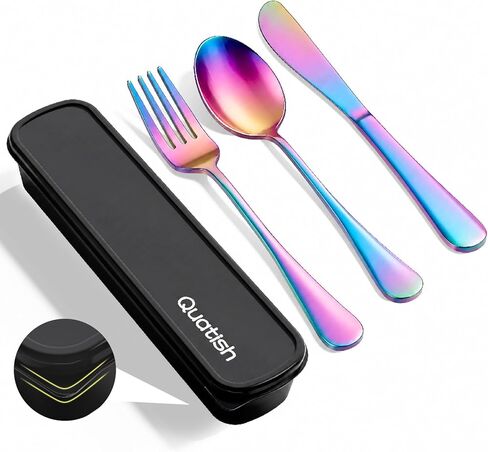 Travel Utensils with Case, Quatish 4 Piece Stainless Steel Silverware Set for Work, Portable Reusable Travel Cutlery Set, Fork and Spoon Set for Picnic, Camping, Gadgets, Lunch Box for Men, Black in Saudi Arabia