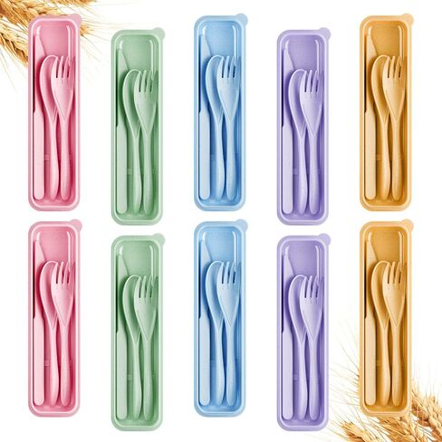 Quatish 6 Sets Travel Utensils Set with Case,Camping Utensils Multicolor | Reusable,Wheat Straw,Portable,Kid Lunch Box Accessories,Travel Cutlery Set for Picnic, Work, School, Lunch,Spoon and Fork Set in Saudi Arabia