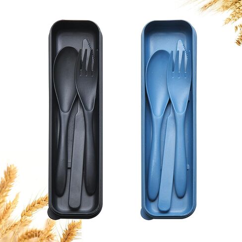 Reusable Travel Utensils Set with Case, 2 Sets Wheat Straw Portable Plastic Fork Spoons Knife Camping Cutlery, Eco-Friendly BPA Free Lunch Tableware for Kids Adults Travel Picnic Utensils in Saudi Arabia