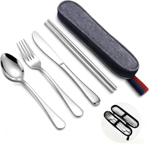 5 Piece Travel Utensils Set With Case, Stainless Steel, Black | Reusable Flatware Set, Portable Silverware Set for Work, Dishwasher Safe, Ideal for Lunch, Camping, Picnics, Travel and Work in Saudi Arabia