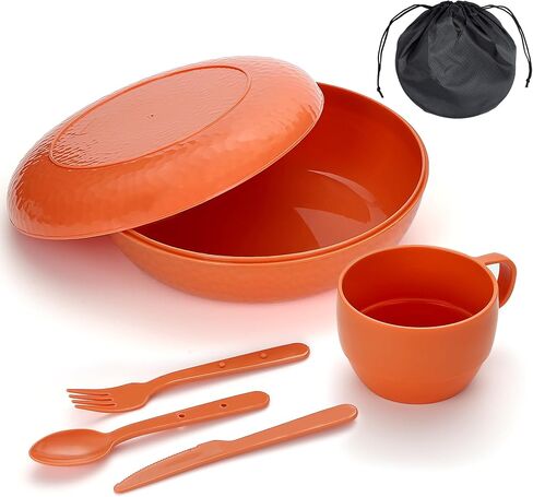 Homquen 6-Piece Camping Mess Kit with Bowl, Plate, Cup, Spoon, Fork, Knife and Carry Bag, Camping Accessories Essentials Gear Light Weight and Small Space Easy to Carry or Put in Backpack in Saudi Arabia