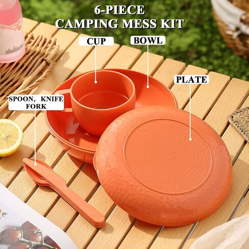 Homquen 6-Piece Camping Mess Kit with Bowl, Plate, Cup, Spoon, Fork, Knife and Carry Bag, Camping Accessories Essentials Gear Light Weight and Small Space Easy to Carry or Put in Backpack in Saudi Arabia