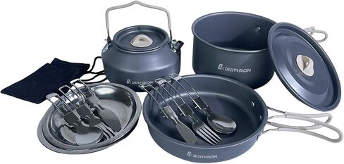 13-Piece Camping Cookware Set for 2, 2 L Pot & 1.1 L Kettle | 0.7 L frying pan, tableware for two, hard-anodized aluminum, silicone handles, 690 g total weight and nesting storage in Saudi Arabia