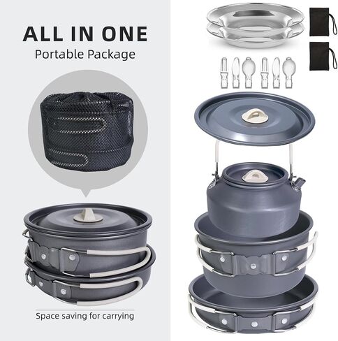 13-Piece Camping Cookware Set for 2, 2 L Pot & 1.1 L Kettle | 0.7 L frying pan, tableware for two, hard-anodized aluminum, silicone handles, 690 g total weight and nesting storage in Saudi Arabia