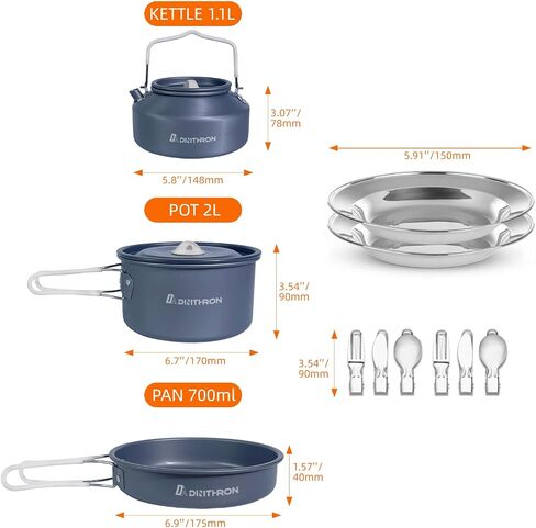 13-Piece Camping Cookware Set for 2, 2 L Pot & 1.1 L Kettle | 0.7 L frying pan, tableware for two, hard-anodized aluminum, silicone handles, 690 g total weight and nesting storage in Saudi Arabia