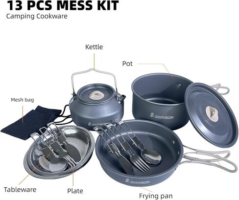 13-Piece Camping Cookware Set for 2, 2 L Pot & 1.1 L Kettle | 0.7 L frying pan, tableware for two, hard-anodized aluminum, silicone handles, 690 g total weight and nesting storage in Saudi Arabia
