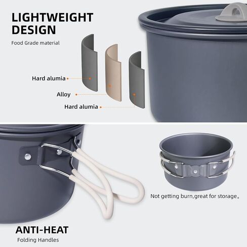 13-Piece Camping Cookware Set for 2, 2 L Pot & 1.1 L Kettle | 0.7 L frying pan, tableware for two, hard-anodized aluminum, silicone handles, 690 g total weight and nesting storage in Saudi Arabia