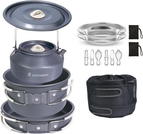 13-Piece Camping Cookware Set for 2, 2 L Pot & 1.1 L Kettle | 0.7 L frying pan, tableware for two, hard-anodized aluminum, silicone handles, 690 g total weight and nesting storage in Saudi Arabia