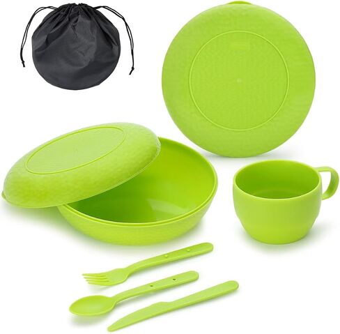 Berglander Camping Mess Kit with Bowl, Plate, Cup, Spoon, Fork, Knife and Carry Bag, Save Space, Easy to Carry, Plastic Camping Essentials Utensils for Travel, Picnic, Outdoor (Green) in Saudi Arabia