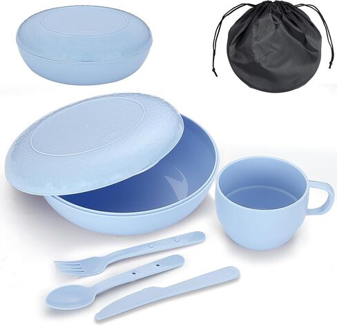 Evanda Camping Mess Kit with Bowl, Plate, Cup, Spoon, Fork, Knife and Carry Bag, Reusable Camping Accessories Essentials Gear in Saudi Arabia