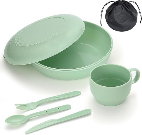 HOMQUEN 6-Piece Camping Mess Kit with Bowl, Plate, Cup, Spoon, Fork, Knife and Carry Bag, Plastic Camping Accessories Essentials Gear for Travel, Camping, Picnic, Outdoor, Easy to Carry & Store in Saudi Arabia