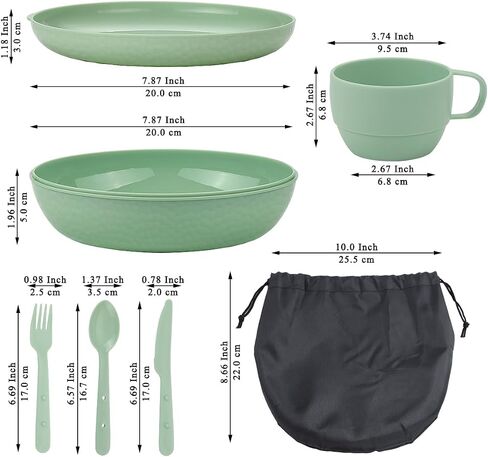 HOMQUEN 6-Piece Camping Mess Kit with Bowl, Plate, Cup, Spoon, Fork, Knife and Carry Bag, Plastic Camping Accessories Essentials Gear for Travel, Camping, Picnic, Outdoor, Easy to Carry & Store in Saudi Arabia