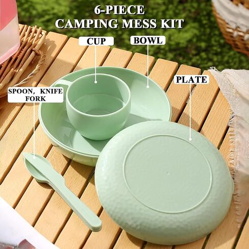 HOMQUEN 6-Piece Camping Mess Kit with Bowl, Plate, Cup, Spoon, Fork, Knife and Carry Bag, Plastic Camping Accessories Essentials Gear for Travel, Camping, Picnic, Outdoor, Easy to Carry & Store in Saudi Arabia