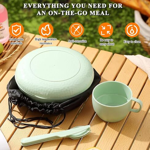 HOMQUEN 6-Piece Camping Mess Kit with Bowl, Plate, Cup, Spoon, Fork, Knife and Carry Bag, Plastic Camping Accessories Essentials Gear for Travel, Camping, Picnic, Outdoor, Easy to Carry & Store in Saudi Arabia