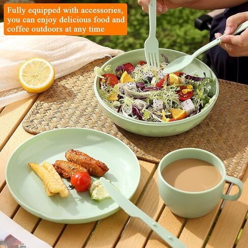 HOMQUEN 6-Piece Camping Mess Kit with Bowl, Plate, Cup, Spoon, Fork, Knife and Carry Bag, Plastic Camping Accessories Essentials Gear for Travel, Camping, Picnic, Outdoor, Easy to Carry & Store in Saudi Arabia