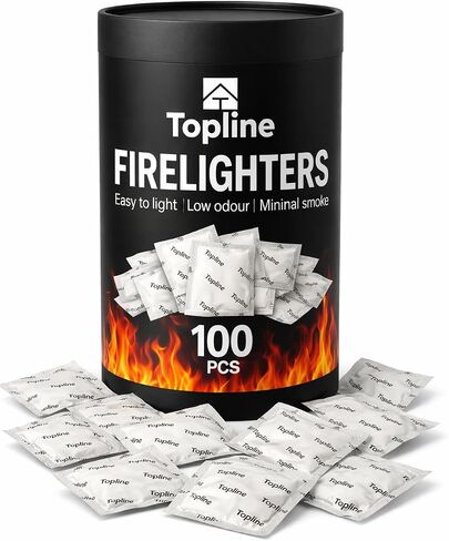 Topline 100 Fire Starters for Fireplace, Wood Stove, Charcoal BBQ & Campfire — Waterproof Odorless Fire Starter Sachets, Quick-Light Indoor & Outdoor Firestarter Pouches in Storage Tube in Saudi Arabia