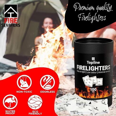 Topline 100 Fire Starters for Fireplace, Wood Stove, Charcoal BBQ & Campfire — Waterproof Odorless Fire Starter Sachets, Quick-Light Indoor & Outdoor Firestarter Pouches in Storage Tube in Saudi Arabia