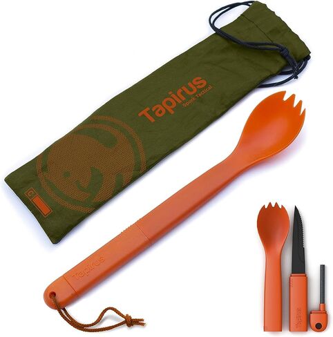 Spork Tactical Green | BPA Free Spoon Fork, Stainless Steel Knife and Fire Starter | 3 in 1 multipurpose utensil | Outdoor hiking, camping & backpacking gear | Fit for MRE in Saudi Arabia