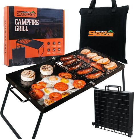 Adventure Seeka 24" Heavy Duty Folding Campfire Grill, Food-Safe Cooking Surface, Compact Folding Design, Portable Grill Grate & Griddle for Campfire Cooking, Australian Designed & Owned in Kuwait