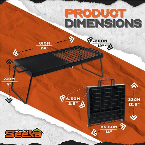 Adventure Seeka 24" Heavy Duty Folding Campfire Grill, Food-Safe Cooking Surface, Compact Folding Design, Portable Grill Grate & Griddle for Campfire Cooking, Australian Designed & Owned in Kuwait
