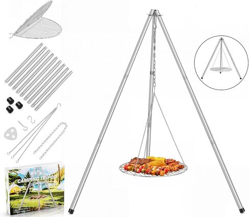 Leonyo Stainless Steel Campfire Tripod with Grate For Camp Cooking | Heavy Duty Camping Tripod Grill with Round Grate, 2 Optional Height Openfire Tripod Cooking Equipment for Firepit Outdoor in Saudi Arabia