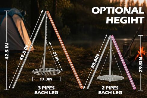 Leonyo Stainless Steel Campfire Tripod with Grate For Camp Cooking | Heavy Duty Camping Tripod Grill with Round Grate, 2 Optional Height Openfire Tripod Cooking Equipment for Firepit Outdoor in Saudi Arabia