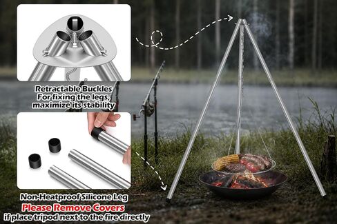 Leonyo Stainless Steel Campfire Tripod with Grate For Camp Cooking | Heavy Duty Camping Tripod Grill with Round Grate, 2 Optional Height Openfire Tripod Cooking Equipment for Firepit Outdoor in Saudi Arabia