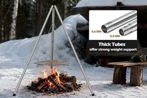 Leonyo Stainless Steel Campfire Tripod with Grate For Camp Cooking | Heavy Duty Camping Tripod Grill with Round Grate, 2 Optional Height Openfire Tripod Cooking Equipment for Firepit Outdoor in Saudi Arabia