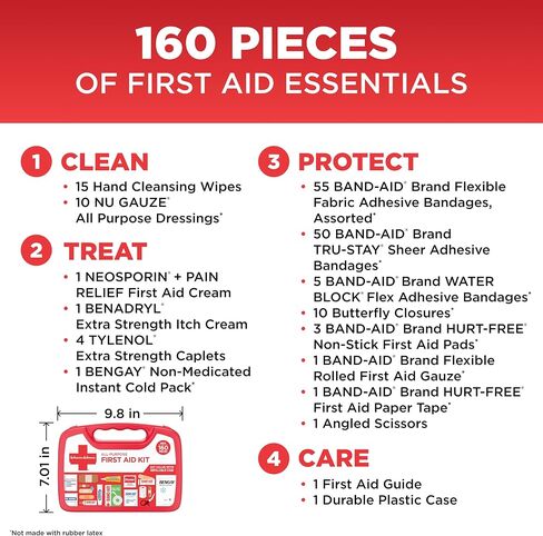 BAND-AID Brand All-Purpose Portable Compact First Aid Kit, 160 Piece | Emergency Wound Care Essentials with Adhesive Bandages, Gauze & Pain Relief for Home, Car, Dorm, Camping, Cruise & Travel in Kuwait