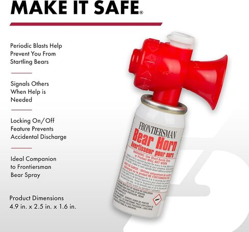 SABRE Frontiersman Bear Horn, 130dB Audible Up to 0.5 Miles, Nonflammable & Eco-Friendly, On/Off Lock Prevents False Alarms, 60 ¼-Second Blasts, Bear Spray Companion, Designed & Assembled in USA in Kuwait