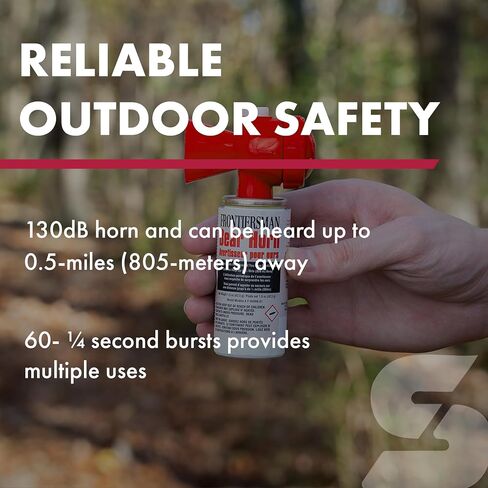 SABRE Frontiersman Bear Horn, 130dB Audible Up to 0.5 Miles, Nonflammable & Eco-Friendly, On/Off Lock Prevents False Alarms, 60 ¼-Second Blasts, Bear Spray Companion, Designed & Assembled in USA in Kuwait
