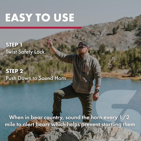 SABRE Frontiersman Bear Horn, 130dB Audible Up to 0.5 Miles, Nonflammable & Eco-Friendly, On/Off Lock Prevents False Alarms, 60 ¼-Second Blasts, Bear Spray Companion, Designed & Assembled in USA in Kuwait