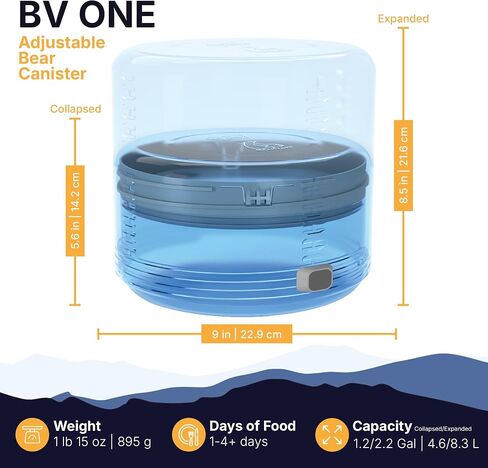 BearVault BV ONE Adjustable Bear Canister for Backpacking and Camping, Expandable & Collapsible Bear Resistant Food Storage, 1-4+ Day Capacity in Saudi Arabia