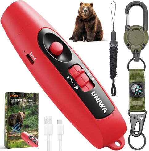 UNIWA Electronic Air Bear Horn, 120±5 dB Loud Air Horn for Safety Hiking Camping Emergency Whistle with Compass & Retractable Hook, Bear Horn to Scare Bears - Self Defense for Hiking in Saudi Arabia
