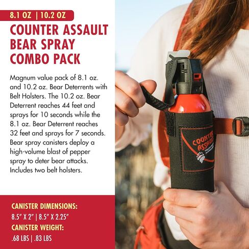 Counter Assault Bear Spray Combo, 8.1 oz & 10.2 oz, 2 Holsters | Combo Pack Pairs a 32-Foot, 7-Second 8.1 oz Canister with a 44-Foot, 10-Second 10.2 oz Canister & Two Holsters in Saudi Arabia